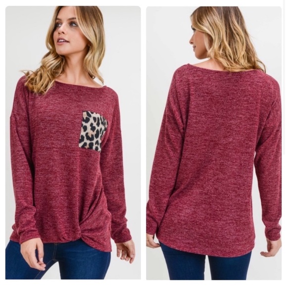 Burgundy Twisted Hem Top with Leopard pocket - Picture 8 of 9